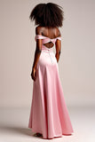 Pink Satin Off the Shoulder Long Prom Dress with Slit