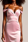 Pink Satin Off the Shoulder Long Prom Dress with Slit