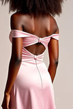 Pink Satin Off the Shoulder Long Prom Dress with Slit