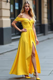 Yellow A Line Off the Shoulder Long Prom Dress with Slit