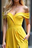 Yellow A Line Off the Shoulder Long Prom Dress with Slit