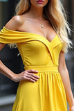 Yellow A Line Off the Shoulder Long Prom Dress with Slit