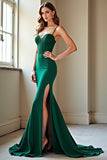 Dark Green Mermaid Lace Applique Prom Dress with Slit