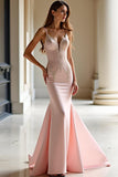 Pink Mermaid Satin Backless Prom Dress with Lace Appliques