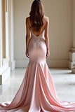 Pink Mermaid Satin Backless Prom Dress with Lace Appliques