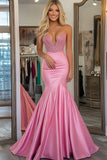 Sweetheart Mermaid Beaded Satin Pink Prom Dress