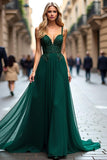 Dark Green A Line Tulle Long Prom Dress with Lace Appliques