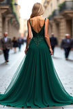 Dark Green A Line Tulle Long Prom Dress with Lace Appliques