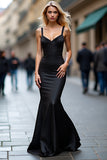 Simple Black Satin Mermaid Backless Long Prom Dress