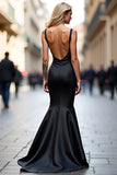 Simple Black Satin Mermaid Backless Long Prom Dress