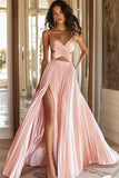 A Line Pink Pleated V Neck Prom Dress with Slit