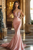 Stylish Pink Mermaid Ruched Satin Prom Dress