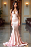 Champagne Mermaid Spaghetti Straps Backless Satin Long Prom Dress