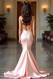 Champagne Mermaid Spaghetti Straps Backless Satin Long Prom Dress