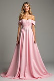 Pink Off the Shoulder Ruched Chiffon A Line Bridesmaid Dress