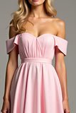 Pink Off the Shoulder Ruched Chiffon A Line Bridesmaid Dress