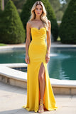 Yellow Sweetheart Ruched High-Slit Sheath Bridesmaid Dress with Back Tie