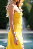 Yellow Sweetheart Ruched High-Slit Sheath Bridesmaid Dress with Back Tie