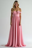 Watermelon A Line Off the Shoulder Satin Long Bridesmaid Dress