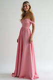 Watermelon A Line Off the Shoulder Satin Long Bridesmaid Dress