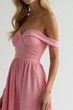 Watermelon A Line Off the Shoulder Satin Long Bridesmaid Dress