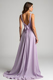 Lilac Chiffon A Line Ruched V Neck Bridesmaid Dress with Back Tie