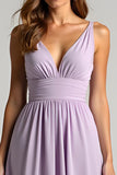 Lilac Chiffon A Line Ruched V Neck Bridesmaid Dress with Back Tie