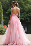 Chic Pink A Line Pleated Chiffon V Neck Bridesmaid Dress