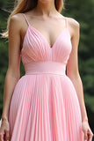 Chic Pink A Line Pleated Chiffon V Neck Bridesmaid Dress