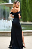 Black Ruffled Off the Shoulder Sheath Bridesmaid Dress with Slit