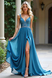 Grey Blue Lace V Neck Chiffon A Line Bridesmaid Dress with Slit