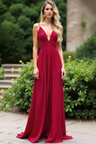 Burgundy V Neck Ruched Chiffon Backless Bridesmaid Dress