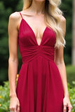 Burgundy V Neck Ruched Chiffon Backless Bridesmaid Dress