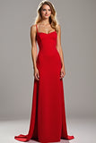 Red Sheath Satin Spaghetti Straps Long Bridesmaid Dress