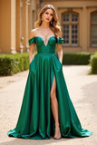 Off The Shoulder Dark Green A Line Satin Long Prom Dress with Pockets