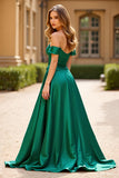 Off The Shoulder Dark Green A Line Satin Long Prom Dress with Pockets