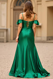 Cold Shoulder Dark Green Satin Long Prom Dress with Slit