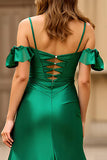 Cold Shoulder Dark Green Satin Long Prom Dress with Slit