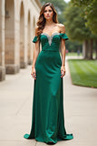 Dark Green Sheath Beaded Off The Shoulder Long Prom Dress