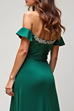 Dark Green Sheath Beaded Off The Shoulder Long Prom Dress