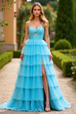 Blue Tulle A Line Spaghetti Straps Long Prom Dress with Slit