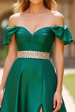 Ruched Dark Green Beaded Off The Shoulder Prom Dress with Slit