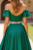 Ruched Dark Green Beaded Off The Shoulder Prom Dress with Slit