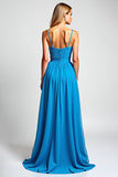 Blue A-Line Spaghetti Straps Ruched Chiffon Long Bridesmaid Dress