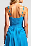 Blue A-Line Spaghetti Straps Ruched Chiffon Long Bridesmaid Dress