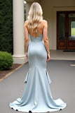 Dusty Blue Satin Strapless Mermaid Long Bridesmaid Dress with Ruffles