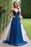 Dark Blue A-Line Chiffon Spaghetti Straps Long Bridesmaid Dress