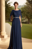 Navy A Line Chiffon Mother of the Bride Dress with Flutter Sleeves