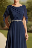 Navy A Line Chiffon Mother of the Bride Dress with Flutter Sleeves