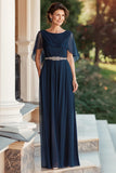 Chiffon A Line Capelet Navy Mother of the Bride Dress with Beaded Waist